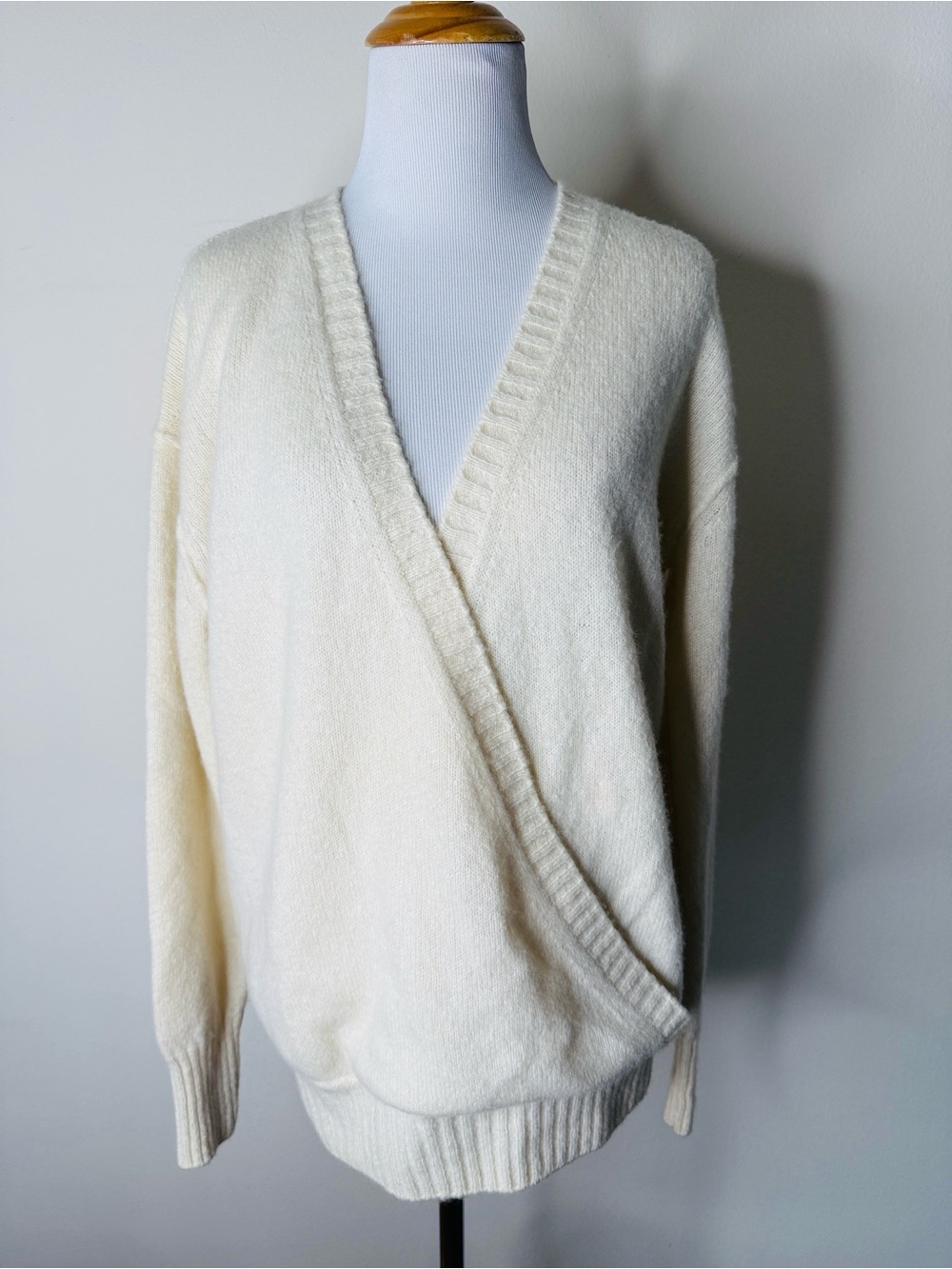 James Perse Cream Cashmere Faux Wrap Sweater